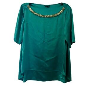 St. John Teal Satin Blouse with Embellished Neckline Sz 10